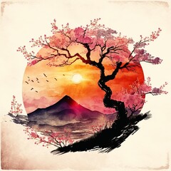 An artistic landscape with a cherry tree, cherry blossoms and sunset painted with watercolor texture in vintage style Generative AI