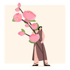 Young woman with giant sakura branch in hand. Vector illustration for postcard, banner. Flat style design concept with flower for internationals women’s day.