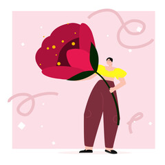 Young woman with giant red peony in hand. Vector illustration for postcard, banner. Flat style design concept with flower for internationals women’s day.