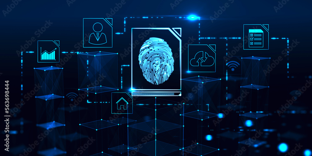 Aufkleber Biometrics identification and scanning verification system concept with digital blue human fingerprint on abstract dark technological background with internet of things icons. 3D. rendering