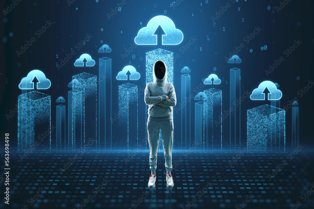 Poster Hacker with folded arms and creative cloud homputing hologram on blurry background. Database, hacking, server and information storage concept.