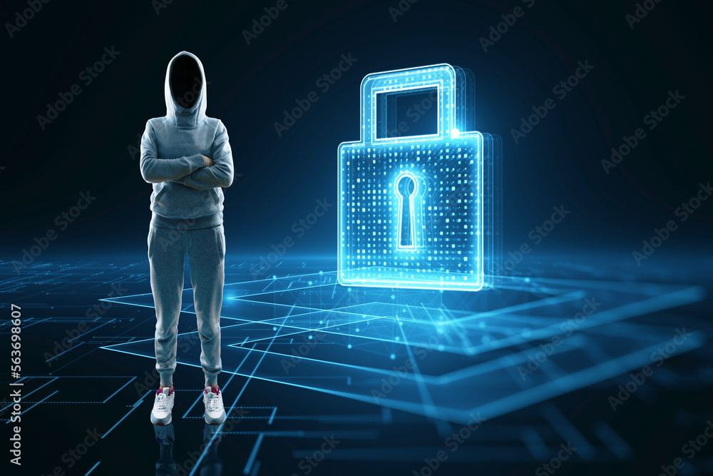 Poster hacker with folded arms and glowing padlock hologram on dark blue background. secure, safety and tec