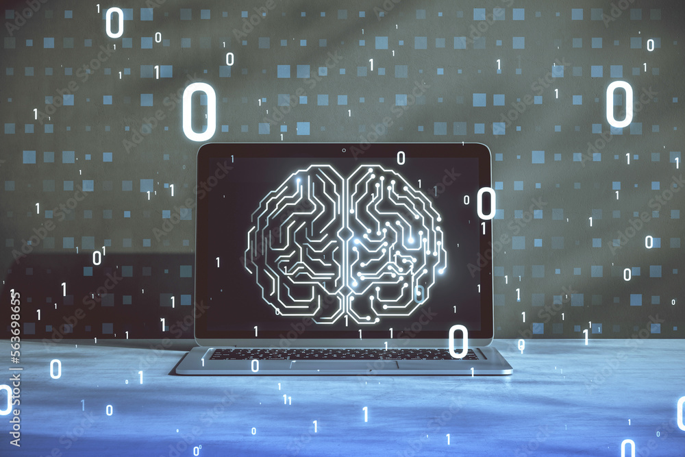 Poster Glowing circuit human brain hologram on blurry background with computer and coding. Artificial intelligence, neurology, technology and future concept. 3D Rendering.