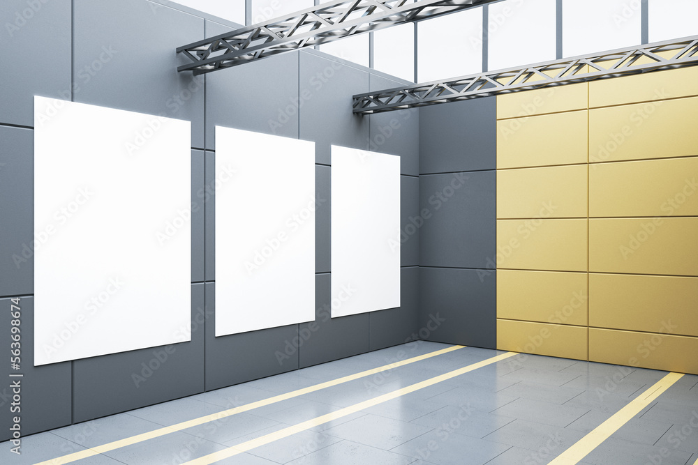 Poster modern empty gray garage interior with blank white mock up posters. warehouse concept. 3d rendering.