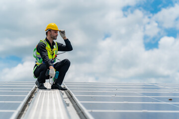 technician engineer working on sustainability environment resource concept, solar panel electricity roof technology for renewable energy power of sun, panel of solar cell industry, ecology system