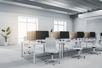 Fototapeta na wymiar Clean light concrete and wooden coworking office interior with furniture, equipment, window with city view and sunlight. Workplace and loft space concept. 3D Rendering.