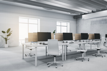 Clean light concrete and wooden coworking office interior with furniture, equipment, window with city view and sunlight. Workplace and loft space concept. 3D Rendering.