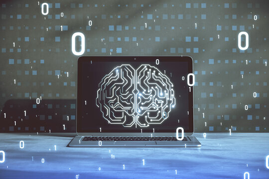 Glowing circuit human brain hologram on blurry background with computer and coding. Artificial intelligence, neurology, technology and future concept. 3D Rendering. - Powered by Adobe