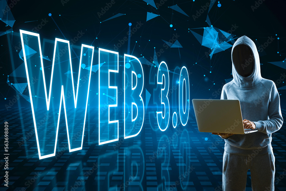 Poster hacker using laptop. Web 3.0 is a new generation of the Internet, using blockchain and artificial intelligence - Ai, modern internet technologies IoT. Web 3.0 