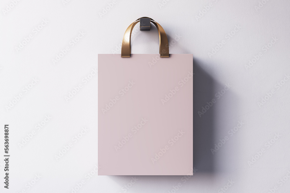 Poster close up of lilac shopping or present bag on hanging on light backdrop. mock up, 3d rendering.