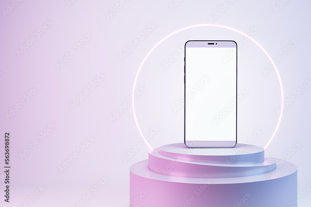 Poster Empty white smartphone with creative glowing round banner and mock up place on screen. Advertisement and fashion concept. 3D Rendering.