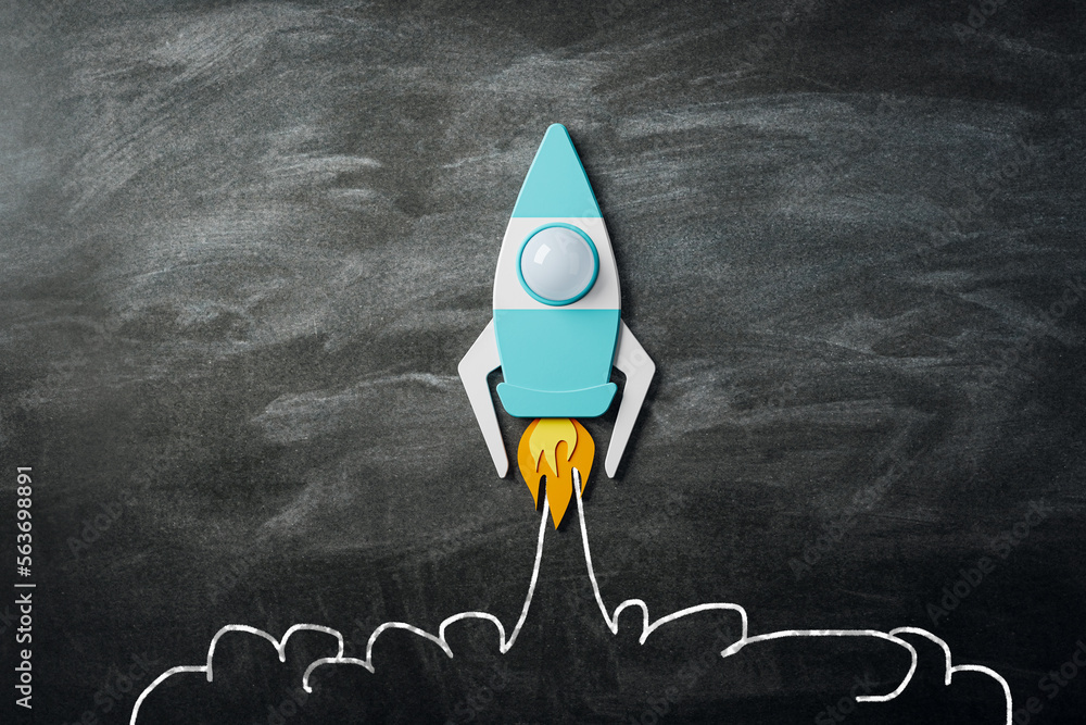 Poster startup and business concept with taking off bright graphic rocket on dark chalkboard background. 3d