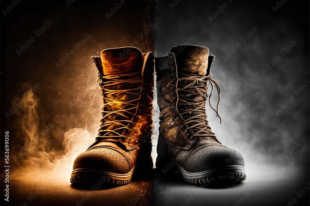 Poster a pair of boots with a fire in the middle of them and a black background with a white border around 