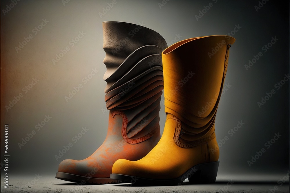 Poster a pair of yellow and black boots sitting on top of a floor next to each other on a gray background w