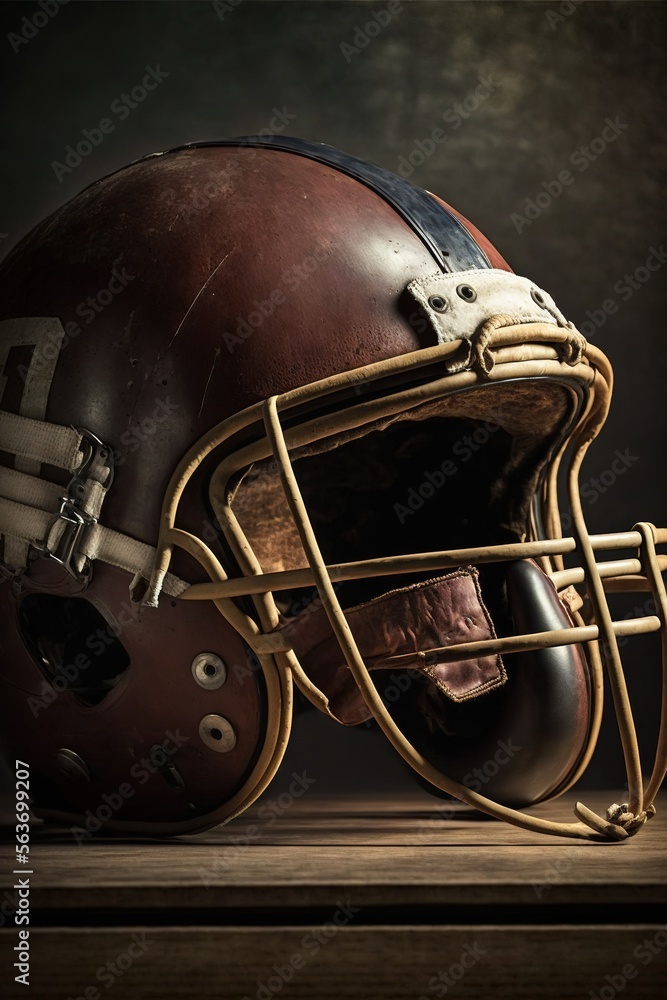 Poster a football helmet with a helmet on top of it on a table with a dark background and a light reflectio