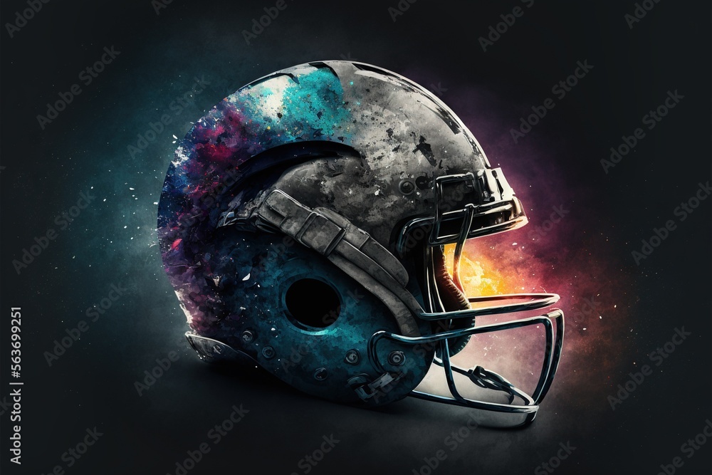 Poster a helmet with a space theme on it is shown in this artistic photo of a helmet with space on it, and 