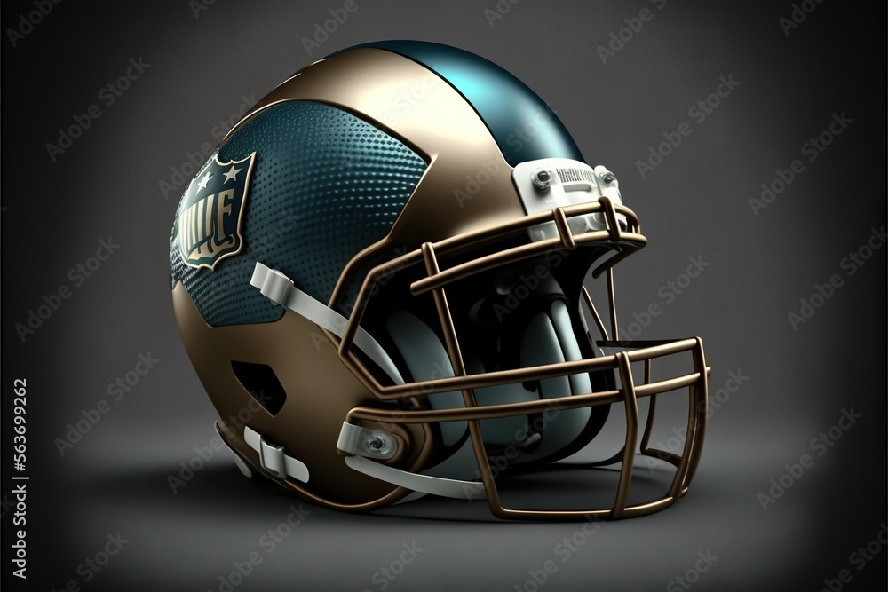 Poster a football helmet with a metallic and blue design on it's side and a black background with a shadow 