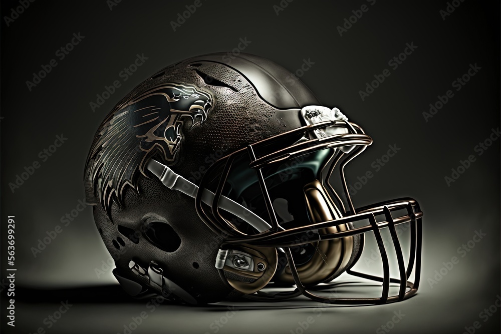 Poster a football helmet with a black background and a gold helmet with a black eagle on it and a black bac