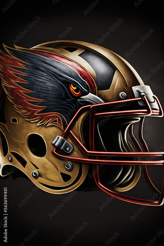 Poster a helmet with a bird on it is shown in a black background with a red and yellow stripe around the he