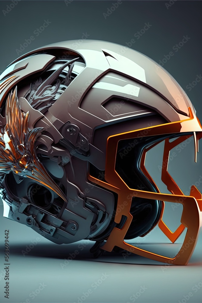 Poster a helmet with a large metal structure on the side of it, with a large metal object in the middle of 