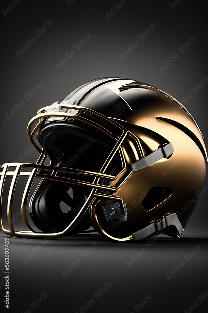 Poster a football helmet with a gold stripe on it's side and a black background with a black stripe on the 