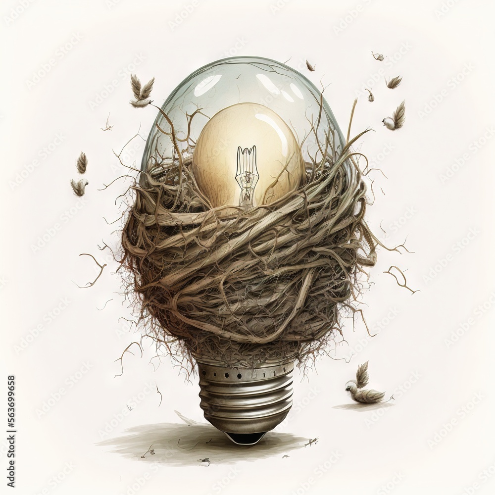 Poster a light bulb with a bird nest inside of it and a light bulb with a light bulb in it, surrounded by b