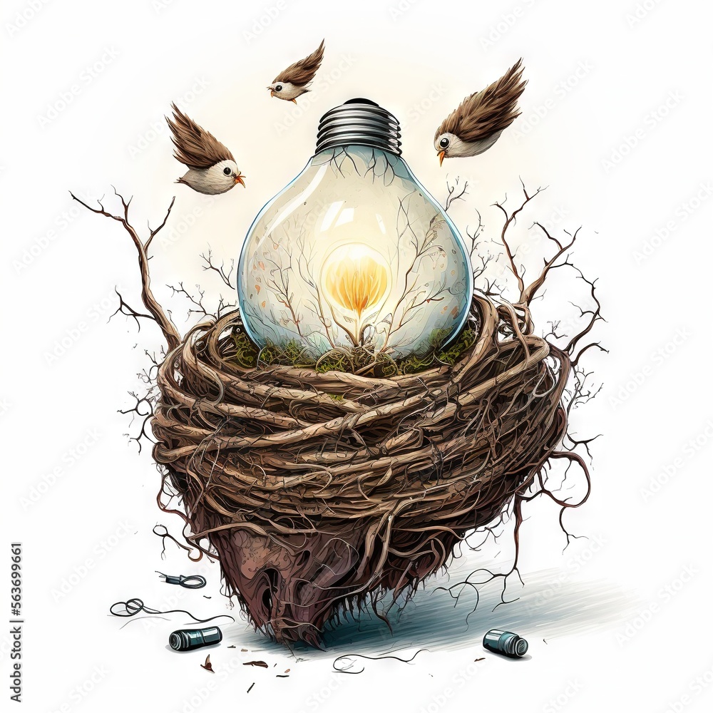 Poster a light bulb with a light inside of it sitting on top of a nest with birds flying around it and a li
