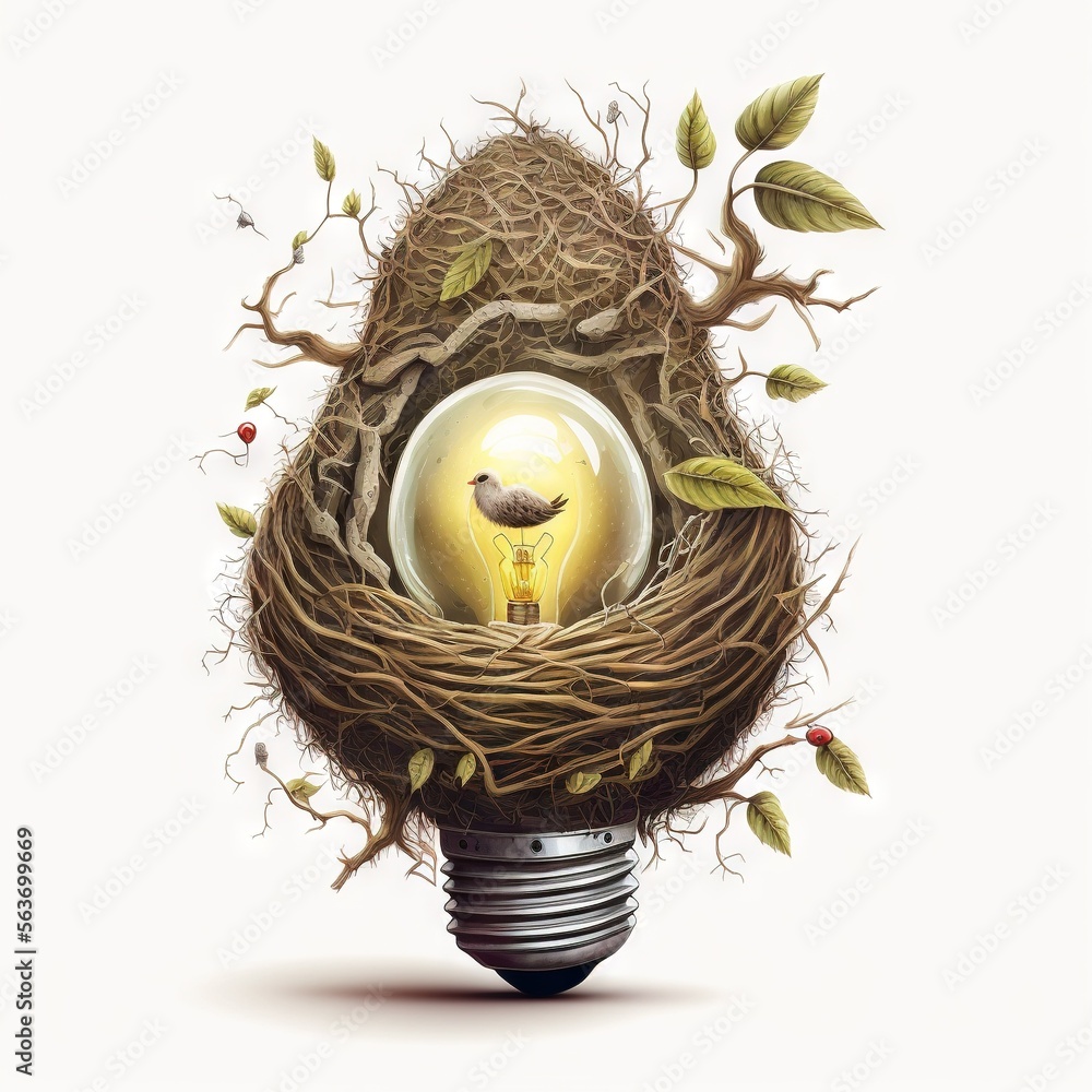 Poster a light bulb with a bird inside of it and a nest inside of it with leaves and branches around it, wi