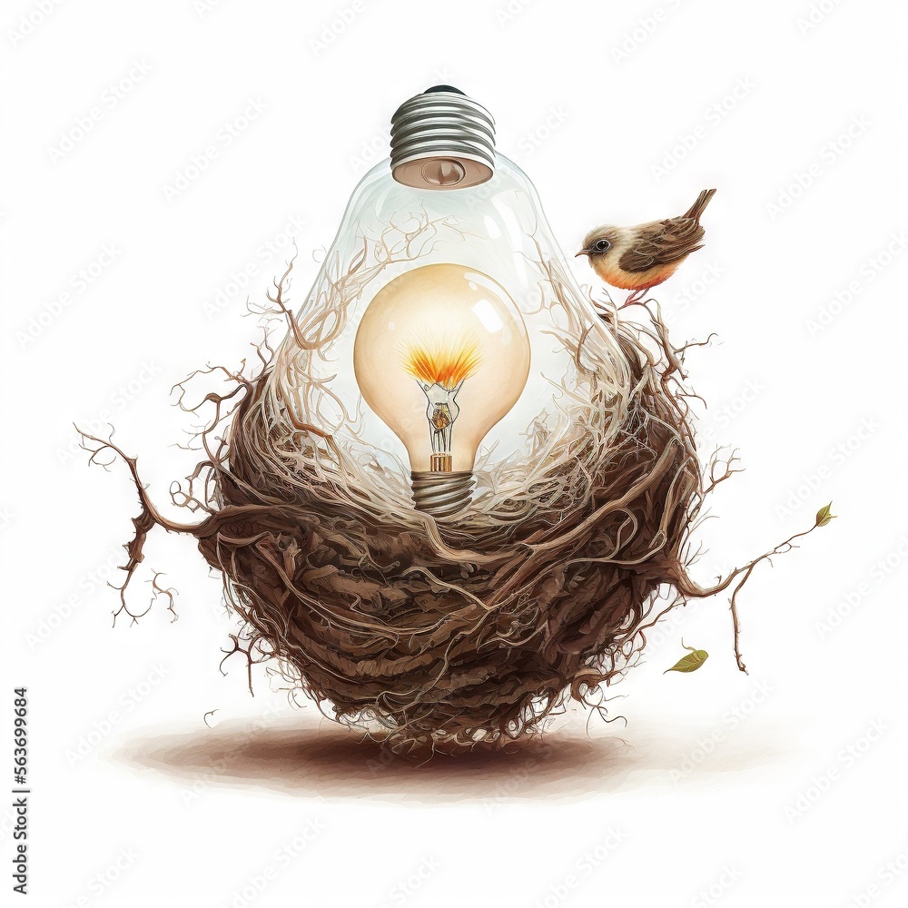 Poster a light bulb with a bird sitting on top of it in a nest with a light bulb inside of it and a bird si