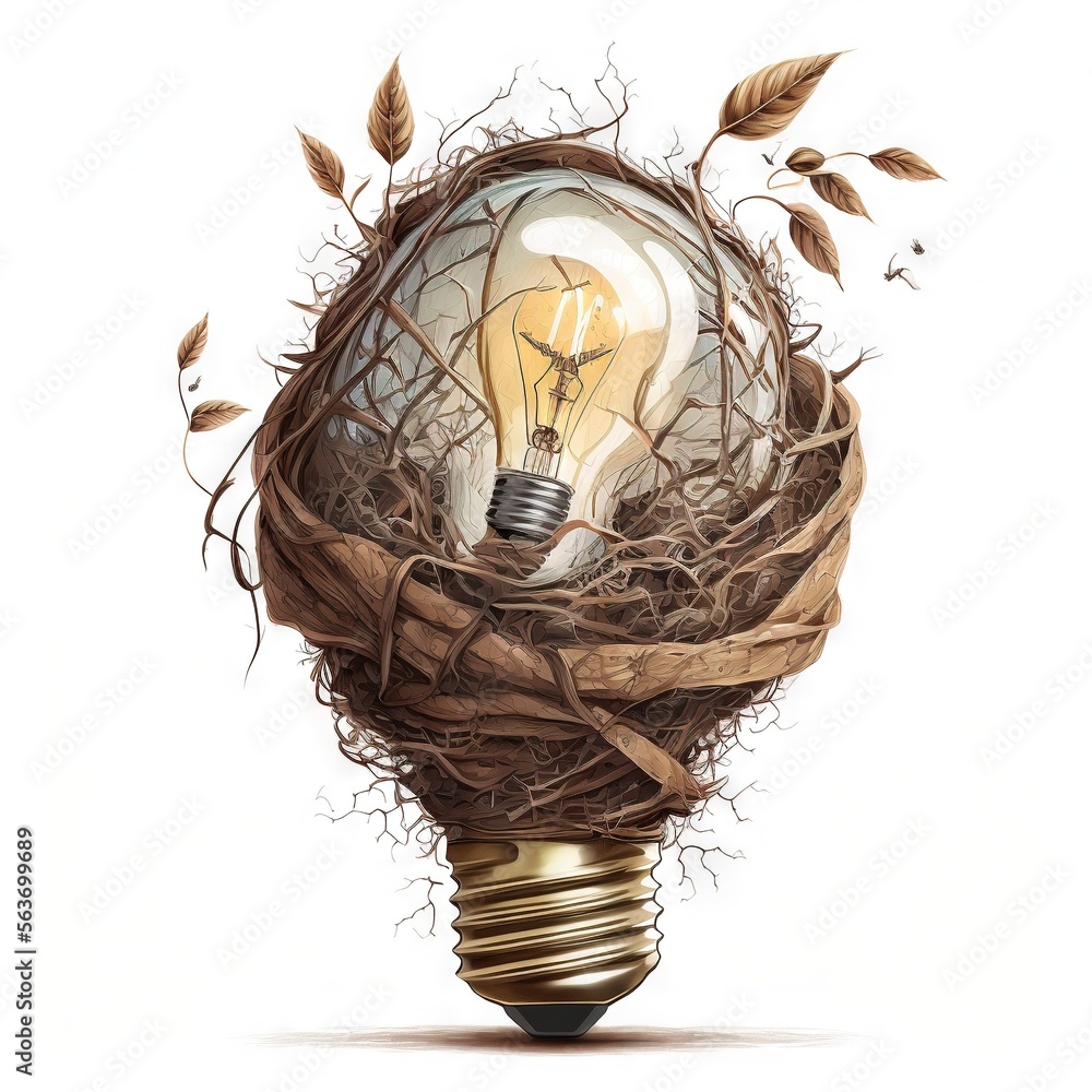 Poster a light bulb with a nest inside of it and leaves around it, with a light bulb in the middle of the b