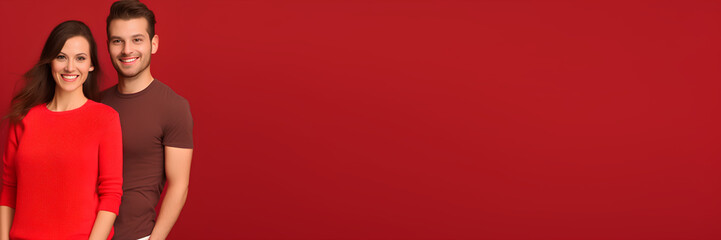 Fototapeta premium Valentine banner red background love couple portrait panorama. Genereative AI