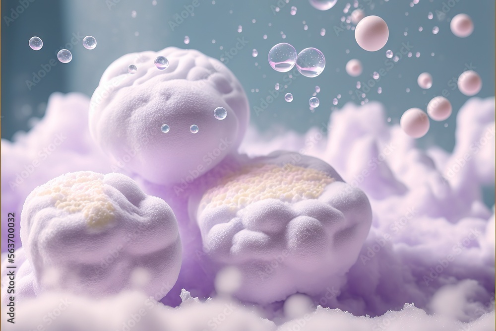 Poster a close up of a soapy object with bubbles in the air and a blue background with bubbles in the air a