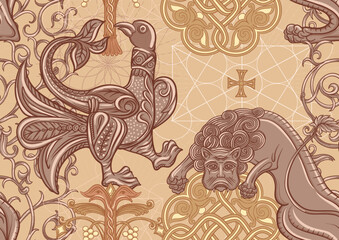 Byzantine traditional historical motifs of animals, birds, flowers and plants. Seamless pattern in kraft and beige colors. Vector illustration.