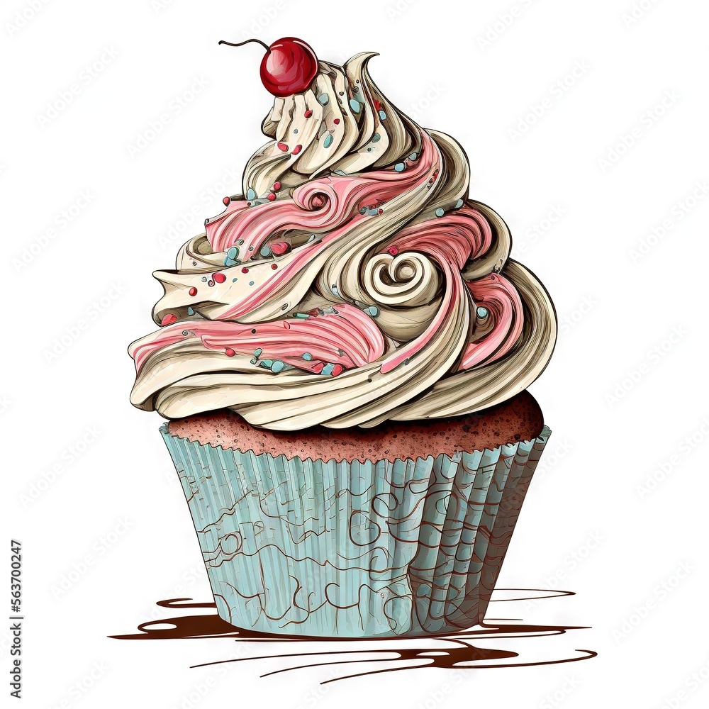 Aufkleber a cupcake with a cherry on top of it with a swirly frosting and a cherry on top of it with a sprinkl