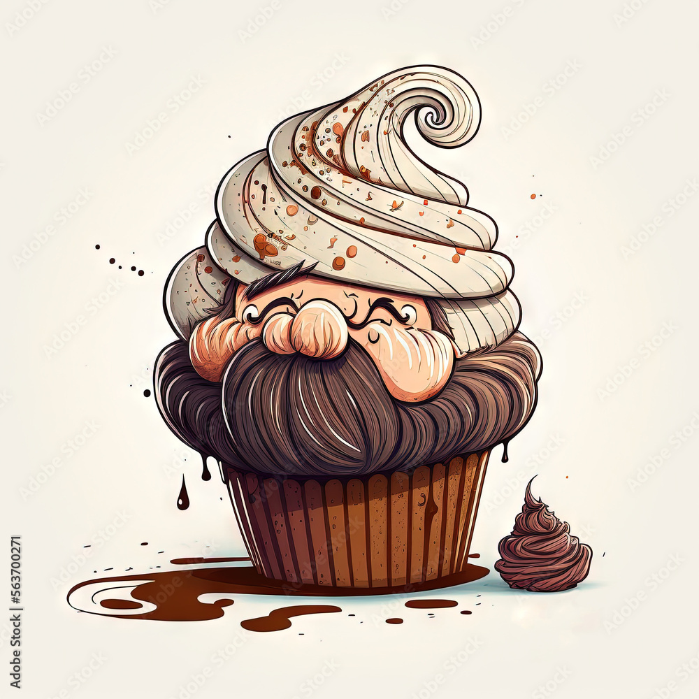 Poster a cupcake with a mustache and a mustache on top of it, with a chocolate sauce on the bottom of it an