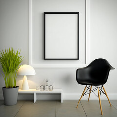 Black empty frame mockup on the white wall and minimalist room,3D rendering.Created with generative AI