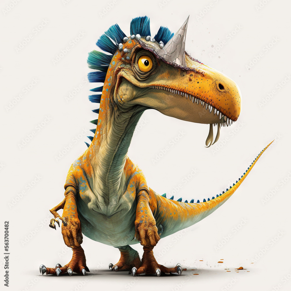 Poster a dinosaur with a mohawk on its head and a spiked up beak, standing in front of a white background w