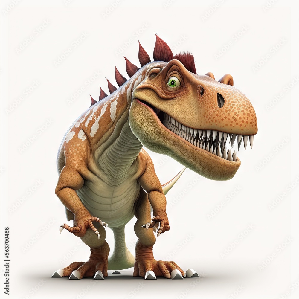 Poster a cartoon dinosaur with sharp teeth and sharp teeth, with a large grin on its face and a sharp tooth