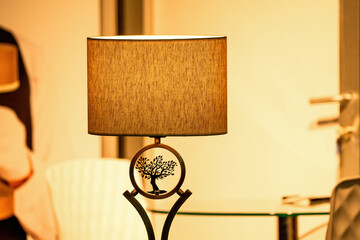 Floor lamp with yellow light, Fabric chandelier. round night light..Floor lamp