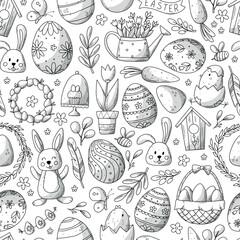 Easter seamless pattern with monochrome doodles for kids coloring pages, textile prints, wallpaper, backgrounds, wrapping paper, scrapbooking, etc. EPS 10