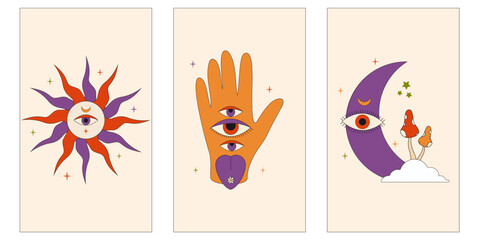 Vector set of 60s, 70s psychedelic vetical posters. Retro sun,moon,mushrooms,eyes.