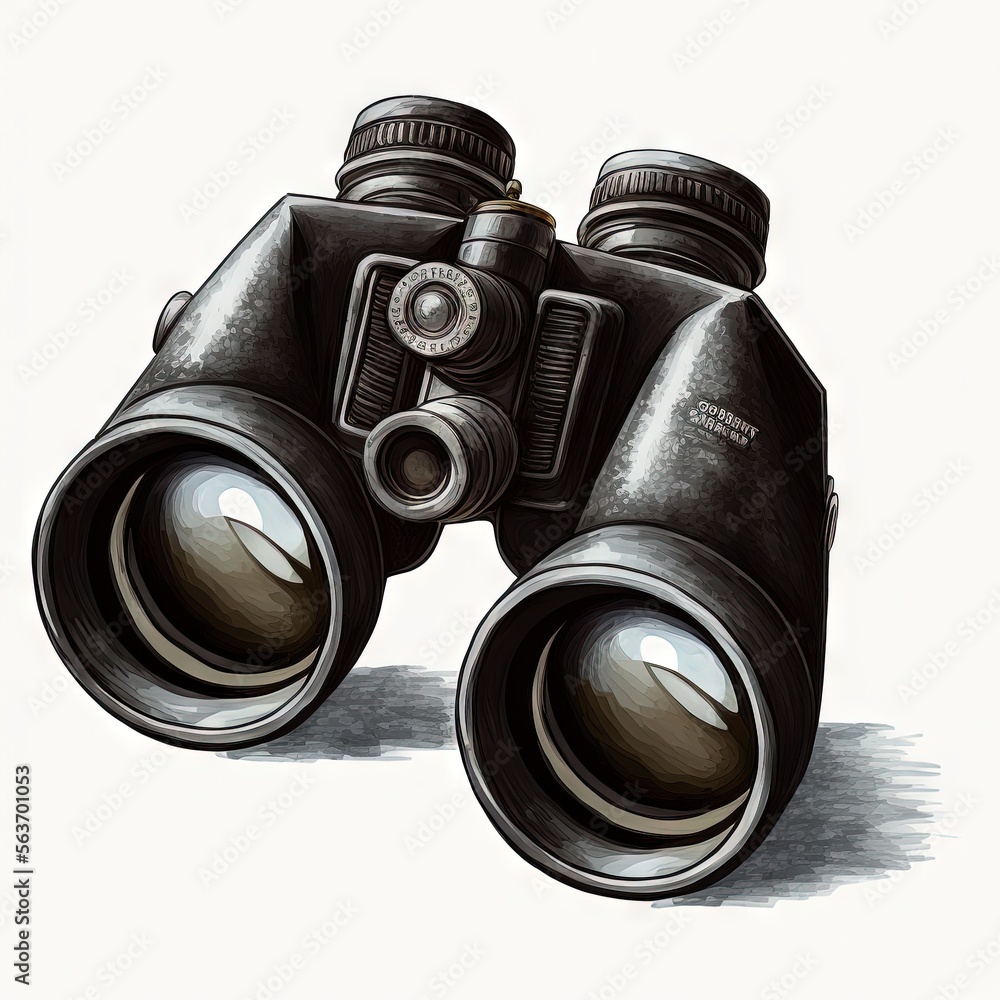 Poster a drawing of a pair of binoculars with a white background and a black outline on the bottom of the p