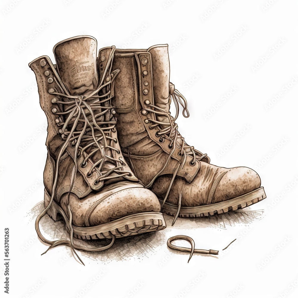 Poster a drawing of a pair of boots with a pair of scissors next to it on a white background with a shadow 