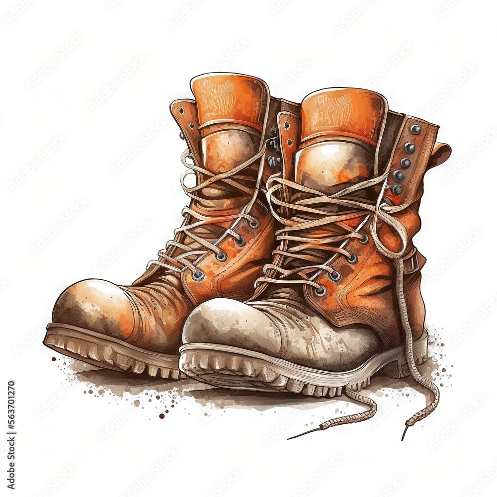 Poster a pair of boots with laces on them sitting on the ground with dirt around them and a shoelace on the
