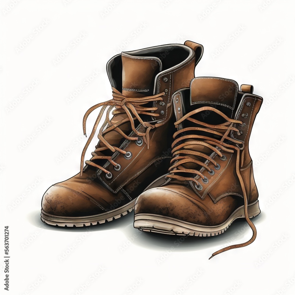 Poster a pair of brown boots with laces on them are shown in this drawing style illustration of a pair of b