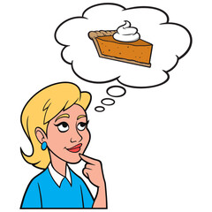 Girl thinking about Pumpkin Pie - A cartoon illustration of a Girl thinking about a slice of Pumpkin Pie.