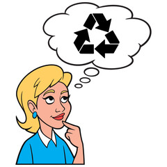 Girl thinking about Recycling - A cartoon illustration of a Girl thinking about the benefits for Recycling.