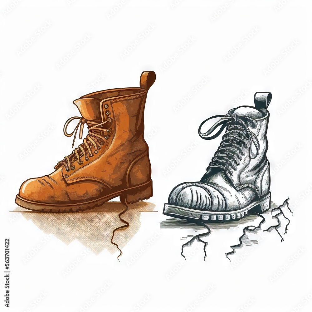 Poster a pair of boots with a cracked ground below them and a drawing of a boot with a torn sole on the gro