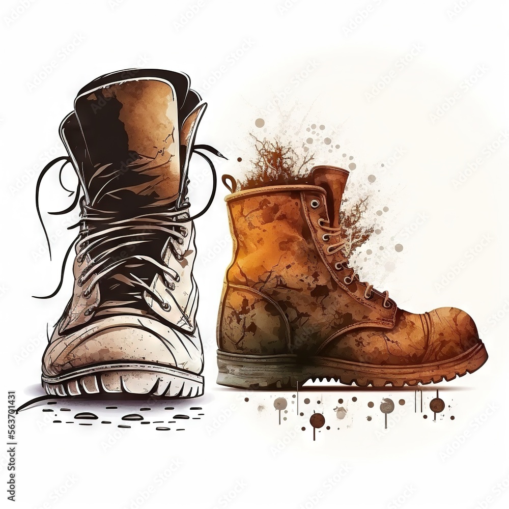 Poster a pair of boots with a splash of paint on them, sitting side by side on a white background, with a s