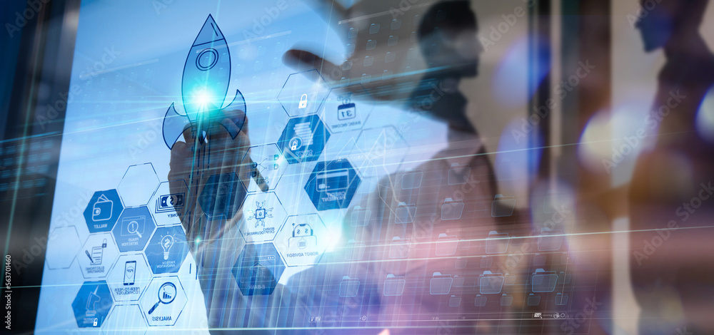 Poster businessman working on modern computer showing startup concept with icon business and network connec